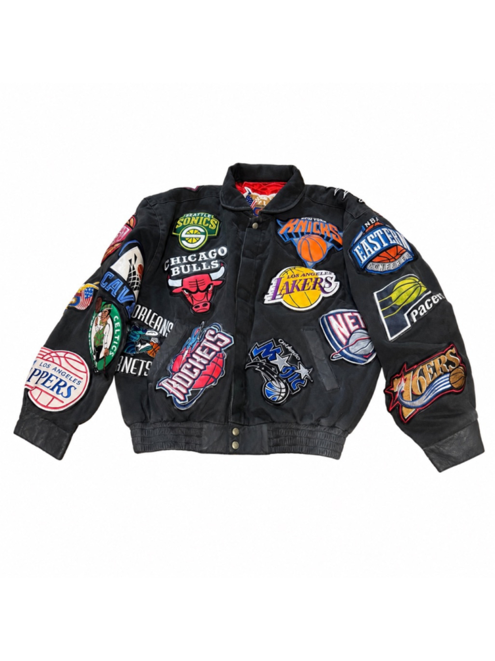 Vintage Jeff Hamilton NBA Patch Leather Bomber Jacket XL Rare Y2K Streetwear - Picture 13 of 16